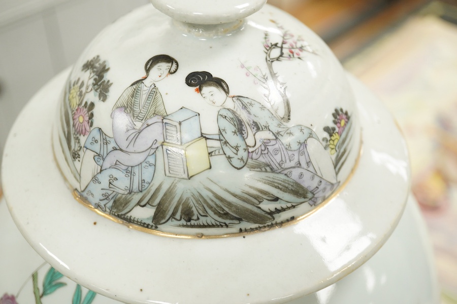 A Chinese famille rose vase and cover on stand, a smaller famille rose vase, vase and cover 50 cm high including stand., Condition - smaller vase in pieces and reglued.